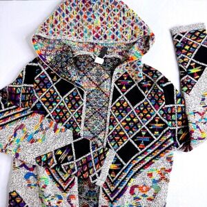Pinklicious Rainbow Geometric Hooded Longline Cardigan Open Front Sweater Multi
